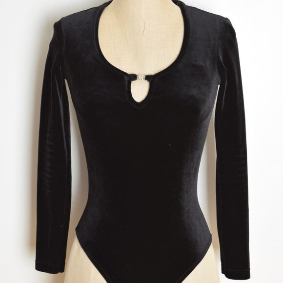 vintage 90s bodysuit black stretch velvet long sleeve grunge one piece top XS S - Picture 2 of 8
